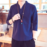 QT715-7022-特P25夏季风V领汉服七分袖T恤棉麻男短袖体恤-灰，男装T恤，钱塘715