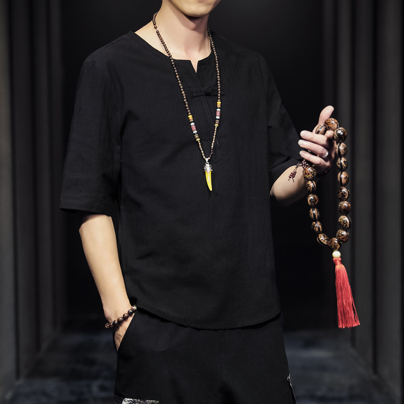 QT715-7025-P35夏季风V领汉服七分袖T恤棉麻男短袖体恤-蓝,男装T恤,钱塘715