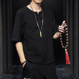 QT715-7025-P35夏季风V领汉服七分袖T恤棉麻男短袖体恤-蓝，男装T恤，钱塘715