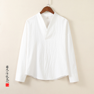 QT715-T7029-P40秋季风棉麻V领长袖T恤交叉领内搭汉服-白图片
