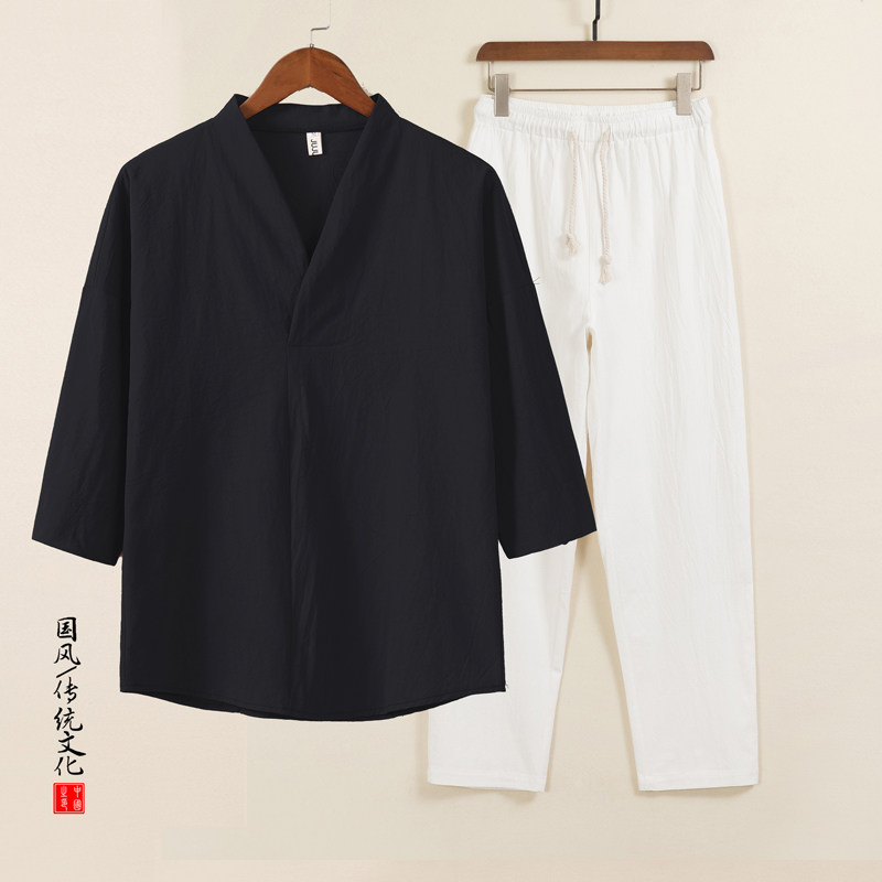 QT715-TZ7022-P63风棉麻套装男夏季复古V领七分袖两件套-4图片