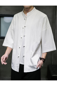 QT715-7210-P55夏季风棉麻开衫短袖衬衫宽松男半袖衬衣-白图片