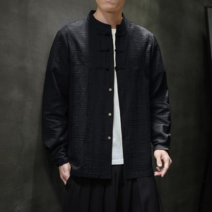 QT715-819-P65风2025秋新款棉麻提花盘扣中式唐装长袖衬衫男图片