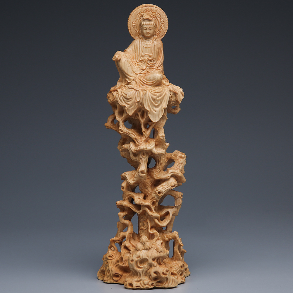 崖柏坐树藤观音佛像摆件木质工艺品客厅实木雕刻自在观音菩萨