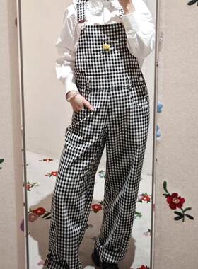 黑白格背带长裤文艺风女