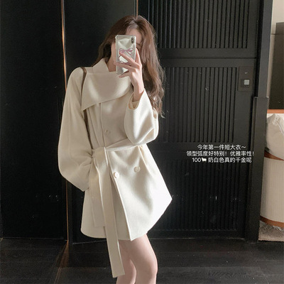 围巾领双面绒大衣中长款腰带