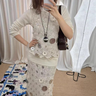 显瘦钩花圆环装 花一 百搭修身 本 饰针织镂空背心半身裙 上海高版