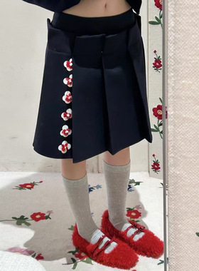 花一【上海高版本】甜美减龄立体钉珠花朵装饰百褶半身裙女shusut