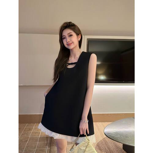 金撞色蝴蝶结无袖连衣裙女