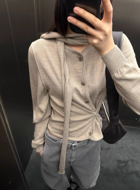 花一【上海高版本】25秋冬lem飘带不对称多穿纽扣旋褶针织开衫女