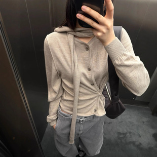 25秋冬lem飘带不对称多穿纽扣旋褶针织开衫 本 女 上海高版 花一