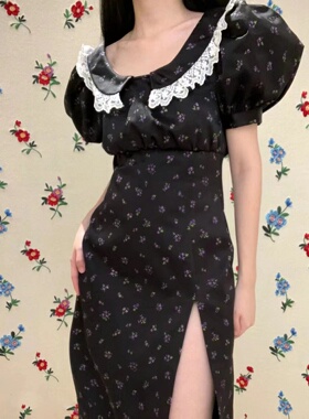 花一【上海高品质】减龄温柔风气质开叉长裙娃娃领高腰显瘦连衣裙