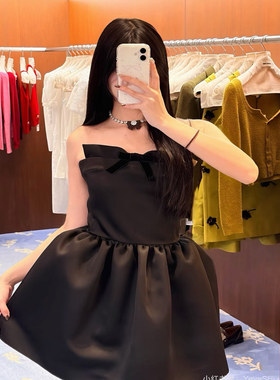 花一【上海高版本】25ss百搭复古黑天鹅抹胸蝴蝶结连衣裙shushuto