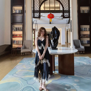 25ss百搭复古aikoko同款 本 雾蓝多层吊带连衣裙女 上海高版 花一