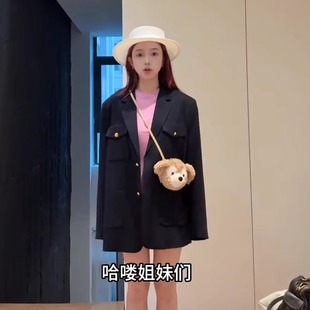 简约通勤深蓝色休闲翻领西装 花一 宅女同款 本 外套女 上海高版