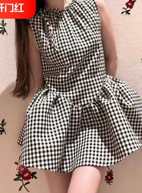 花一【田曦薇同款】23ss格纹无袖蓬蓬短款娃娃裙少女感减龄连衣裙