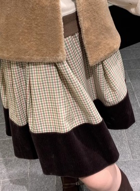 花一【上海高版本】撞色拼接短裙学院风褶皱天空岛半身裙女marche