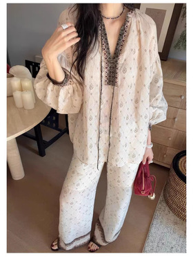 花一【上海高版本】印花长裤长袖度假风休闲宽松百搭设计感套装