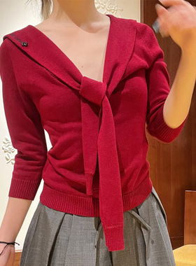 花一【上海高版本】24ss搭片系带毛衣七分袖套头针织上衣 shushut