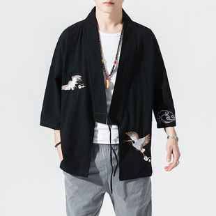 中国风仙鹤云朵刺绣和服开衫男士加肥加大码汉服外套复古时尚衬衫