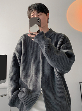 秋冬新款男士纯色简约开衫港风双拉链立领大码针织毛衣外套男潮流