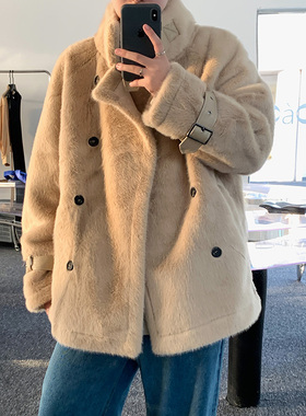 冬新款男士宽松纯色双排扣麂皮棉衣皮毛一体加厚毛绒保暖夹克外套