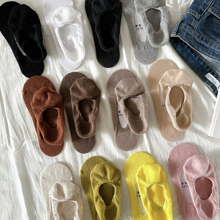 韩国货 hit socks东大门正品 夏季纯色网面纯棉防滑不掉跟船袜 女
