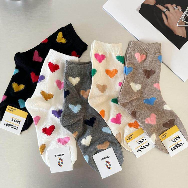 韩国东大门袜子正品代购 2024秋冬款多巴胺彩色爱心糖果色中筒袜