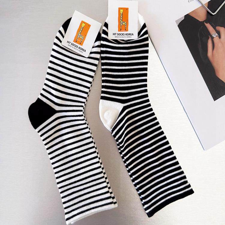 韩国东大门正品 小鹿家女袜 HIT SOCKS KOREA纯棉撞色条纹中筒袜