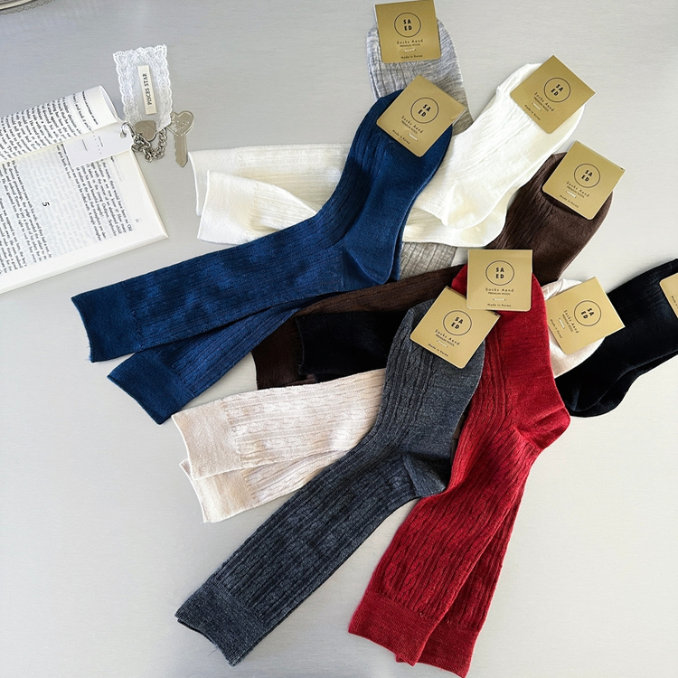 韩国货 东大门正品25年新款美利奴羊毛高品质复古麻花款中筒袜 女
