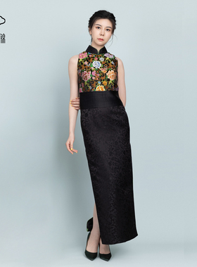 黑黄色缠枝牡丹手工旗袍新款刺绣开衩优雅连衣裙气质长裙