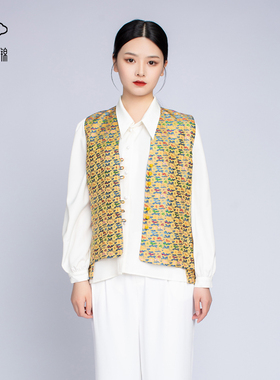 黄色 五彩祥云宋锦小圆领马甲对襟玉石扣头真丝无袖宽松马夹外套
