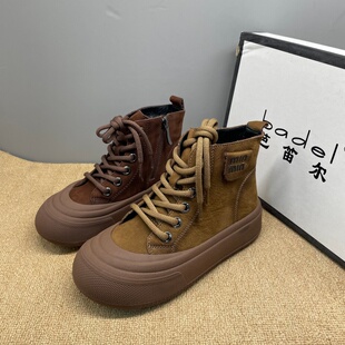 2026新款韩版翻毛皮高帮马丁靴女冬季厚底系带休闲短靴加绒保暖