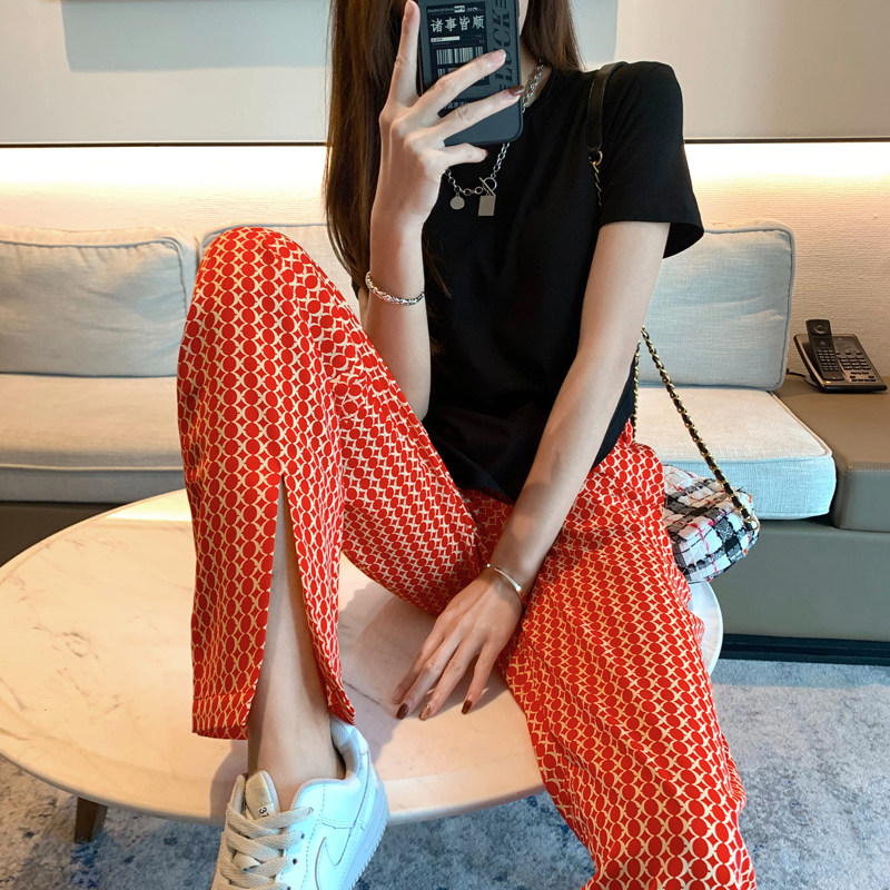 红色链条花纹超薄开叉休闲裤女2024夏季宽松拖地裤炸街垂感阔腿裤