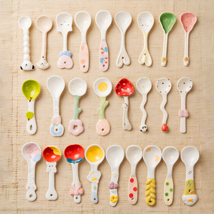 肆月陶瓷勺子家用个人专用可爱釉下彩吃饭喝汤饭勺小调羹汤匙长柄