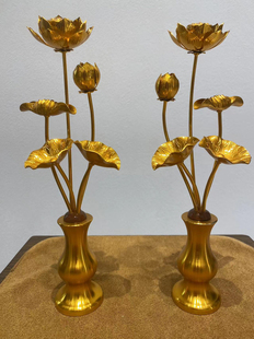 佛前供花佛堂供奉鎏金仿真花束家用客厅装饰品摆件花瓶莲花款花瓶