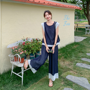 深蓝色盐系穿搭时尚套装女夏季2025新款蕾丝拼接背心阔腿裤两件套,女装套装/套裙,浙宝178