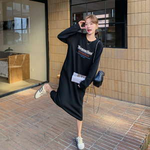 黑色字母长袖连衣裙女2025春季新款韩系慵懒风披肩宽松休闲T恤裙,女装连衣裙,浙宝178