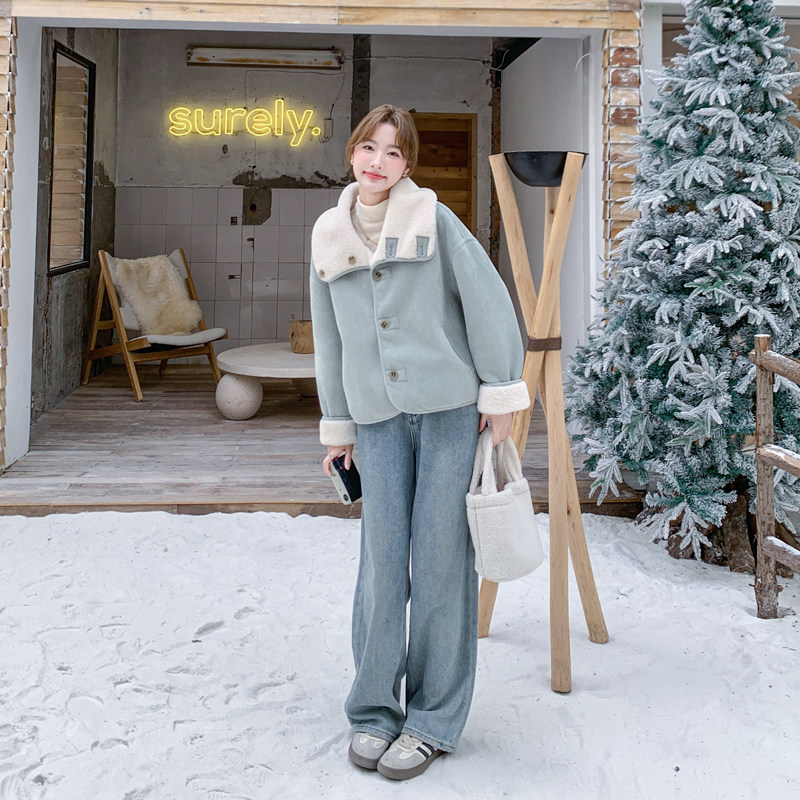 蓝色双面穿羊羔毛外套女2025冬季新款设计感加厚保暖皮毛一体上衣，女装皮草，浙宝178