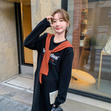 黑色字母长袖连衣裙女2025春季新款韩系慵懒风披肩宽松休闲T恤裙，女装连衣裙，浙宝178