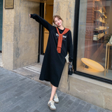 黑色字母长袖连衣裙女2025春季新款韩系慵懒风披肩宽松休闲T恤裙，女装连衣裙，浙宝178