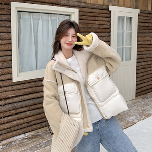 卡其色拼接内胆羽绒服女冬季新款韩系休闲宽松小个子白鸭绒外套,女装皮草,浙宝178