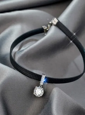 皮绳超闪项链气质简约设计感choker小众吊坠颈带短款锁骨链锆石女