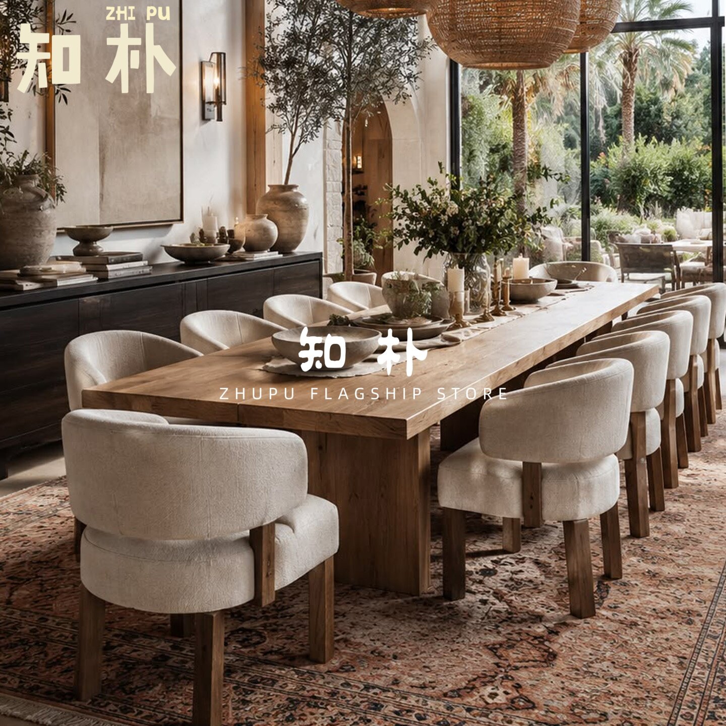 美式托斯卡纳自然风实木餐桌原木
