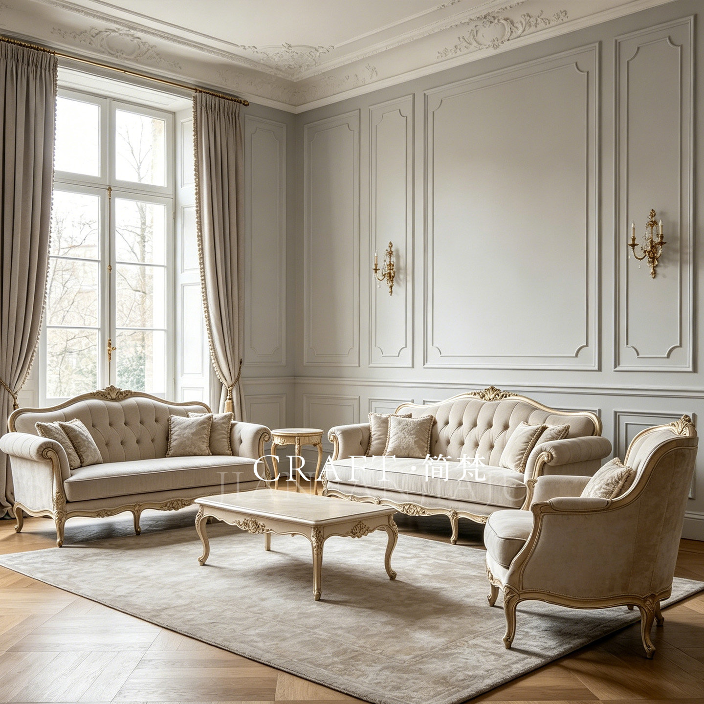简梵工艺 法式复古风实木沙发 客厅雕花装饰米白色三人位沙发组合