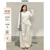 女装 春套装 通勤玩家 T恤阔腿裤 胖mm 白色不规则长袖 曾小咸大码