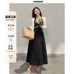 曾小咸大码女装长款黑色v领碎花裙女挂脖收腰连衣裙夏季藏肉裙子