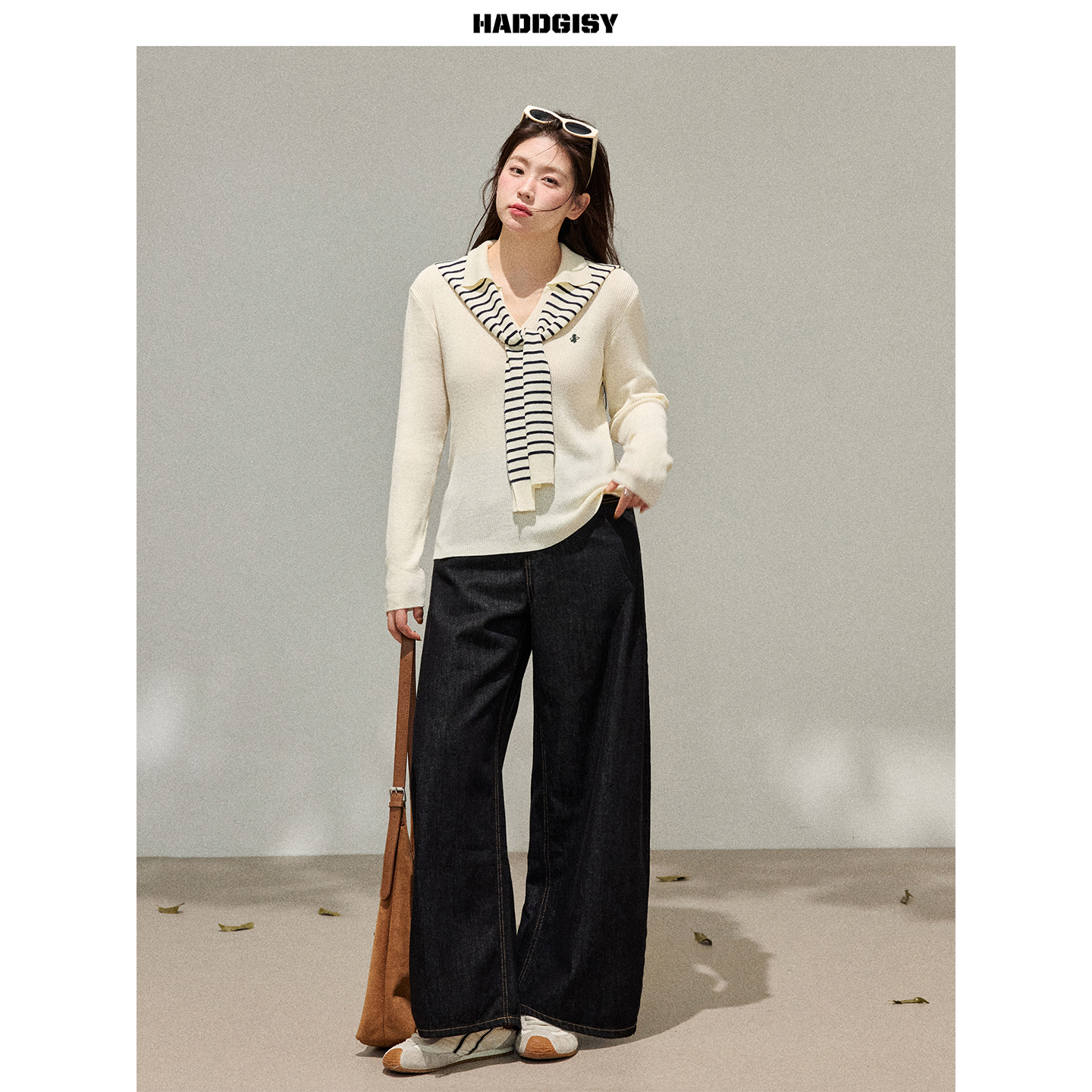 曾小咸大码女装 韩系微胖mm条纹披肩长袖针织衫上衣2025新款套装