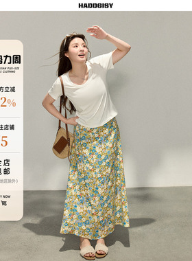 曾小咸大码女装“花里信札”胖mm度假风半身裙白色短袖T恤春套装