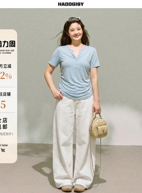 曾小咸大码女装“实穿主义”蓝色v领收腰短袖T恤阔腿裤胖mm春套装